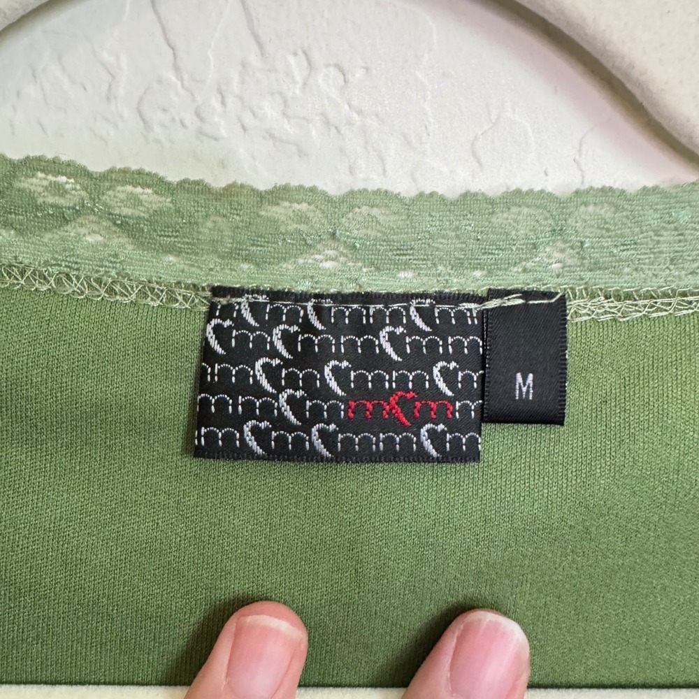 Y2K Romantic Olive Green Mesh Lace Sweetheart Floral Pointelle Top Boho Sz M - Picture 2 of 8